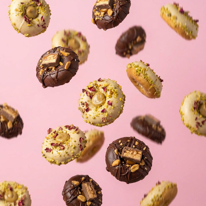 "Caja de regalo de mini rosquillas de chocolate y pistacho sin gluten (12 unidades)