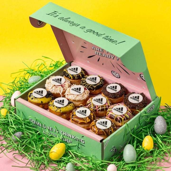 "Especial de Pascua" cofre regalo corporativo de mini donuts con logotipo